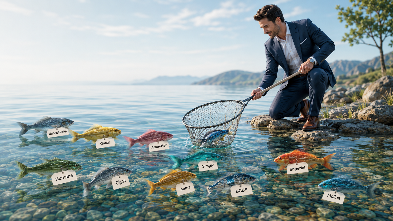 Professional insurance agent fishing for carrier contract opportunities in a modern courtyard pond