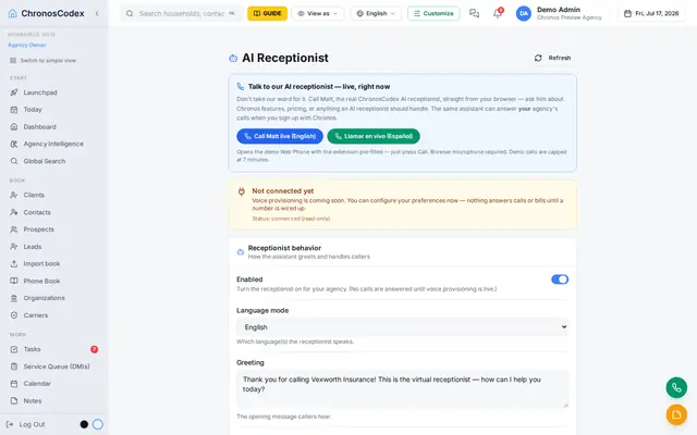ChronosCodex AI Receptionist settings: enable the receptionist, choose the language it speaks, and edit the greeting callers hear, with live demo-call buttons in English and Spanish.