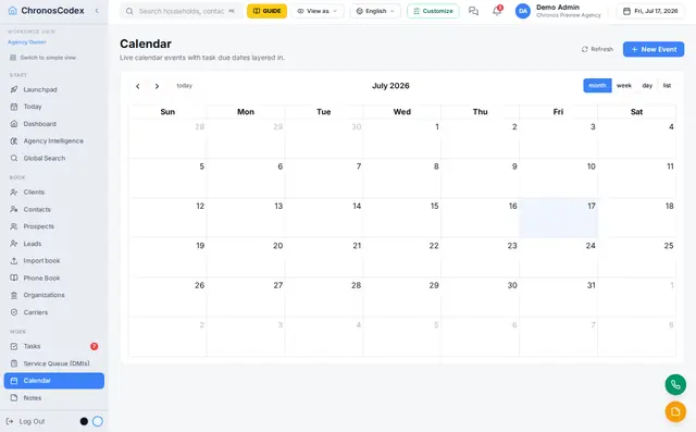Agency calendar view ready for appointments and reminders