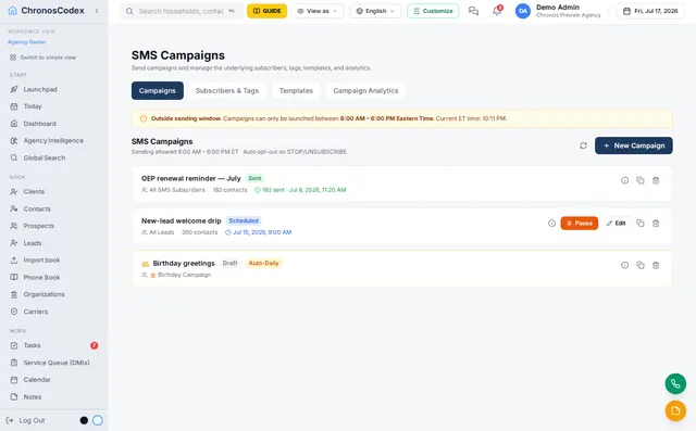 ChronosCodex SMS campaigns screen with sent, scheduled and draft campaigns, a sending-window guard, and automatic opt-out handling.