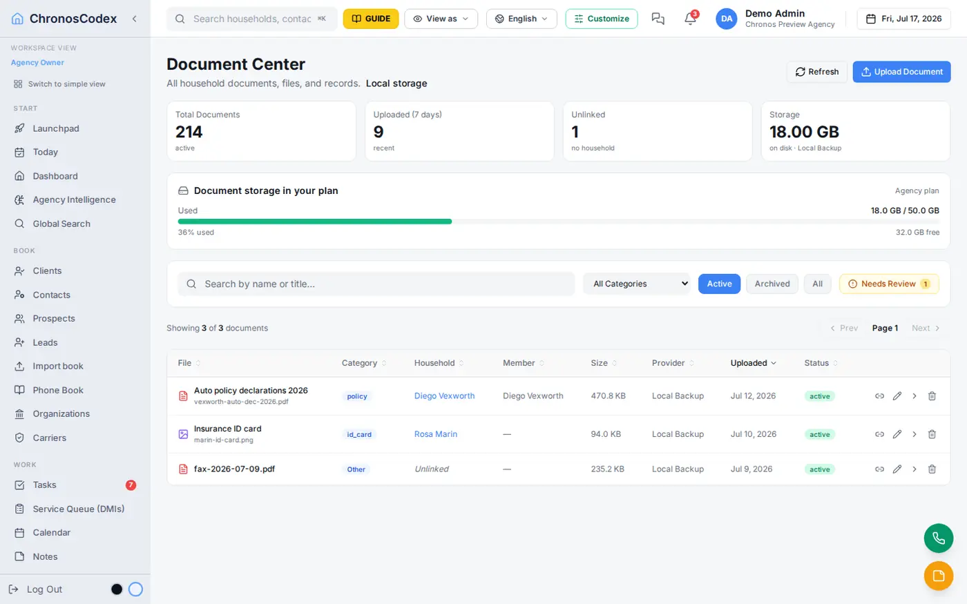 ChronosCodex document center with uploads, ID cards, and forms linked to the right household automatically.