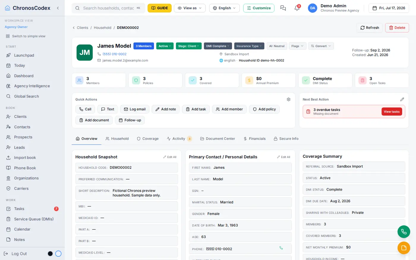 ChronosCodex household record: members, policies, coverage summary, quick actions, next best action, and the full activity timeline for one household.