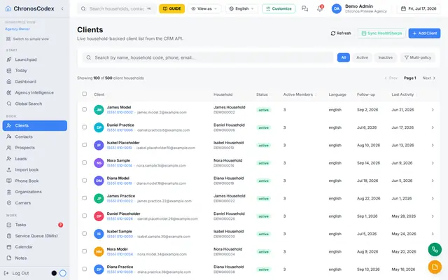 ChronosCodex clients list showing households with stages, tags and quick filters.