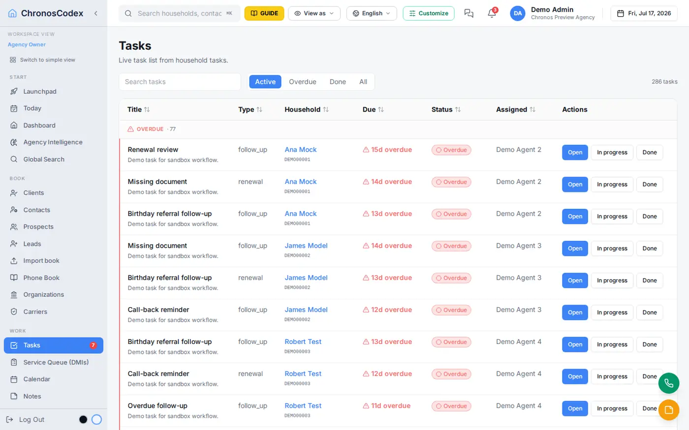 ChronosCodex tasks screen with follow-ups, DMIs, and due dates surfaced before they're missed.